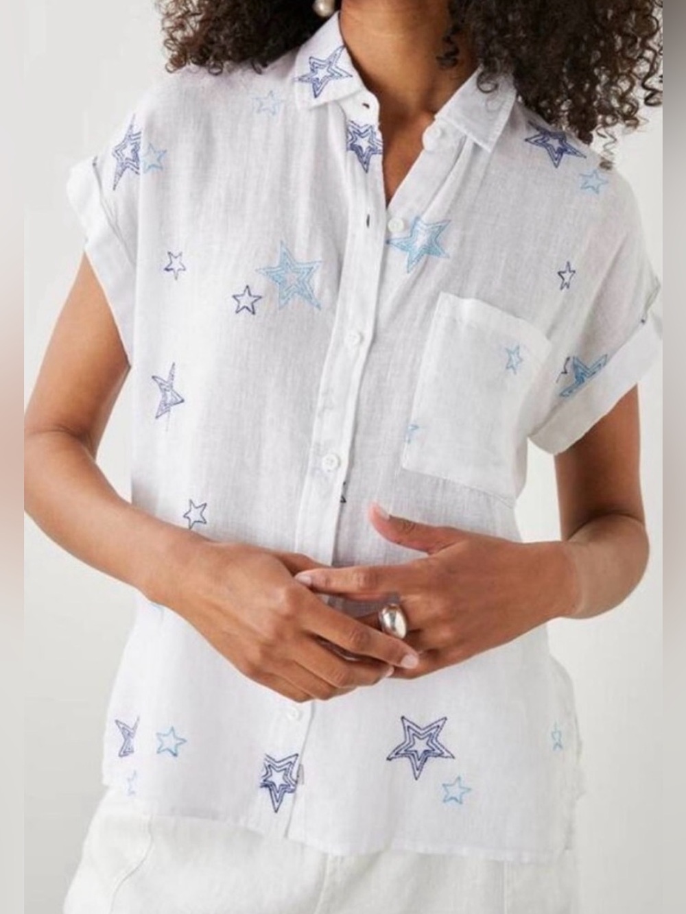 Rails Whitney Navy Stitched Stars Linen Blend Button Down Shirt White XL